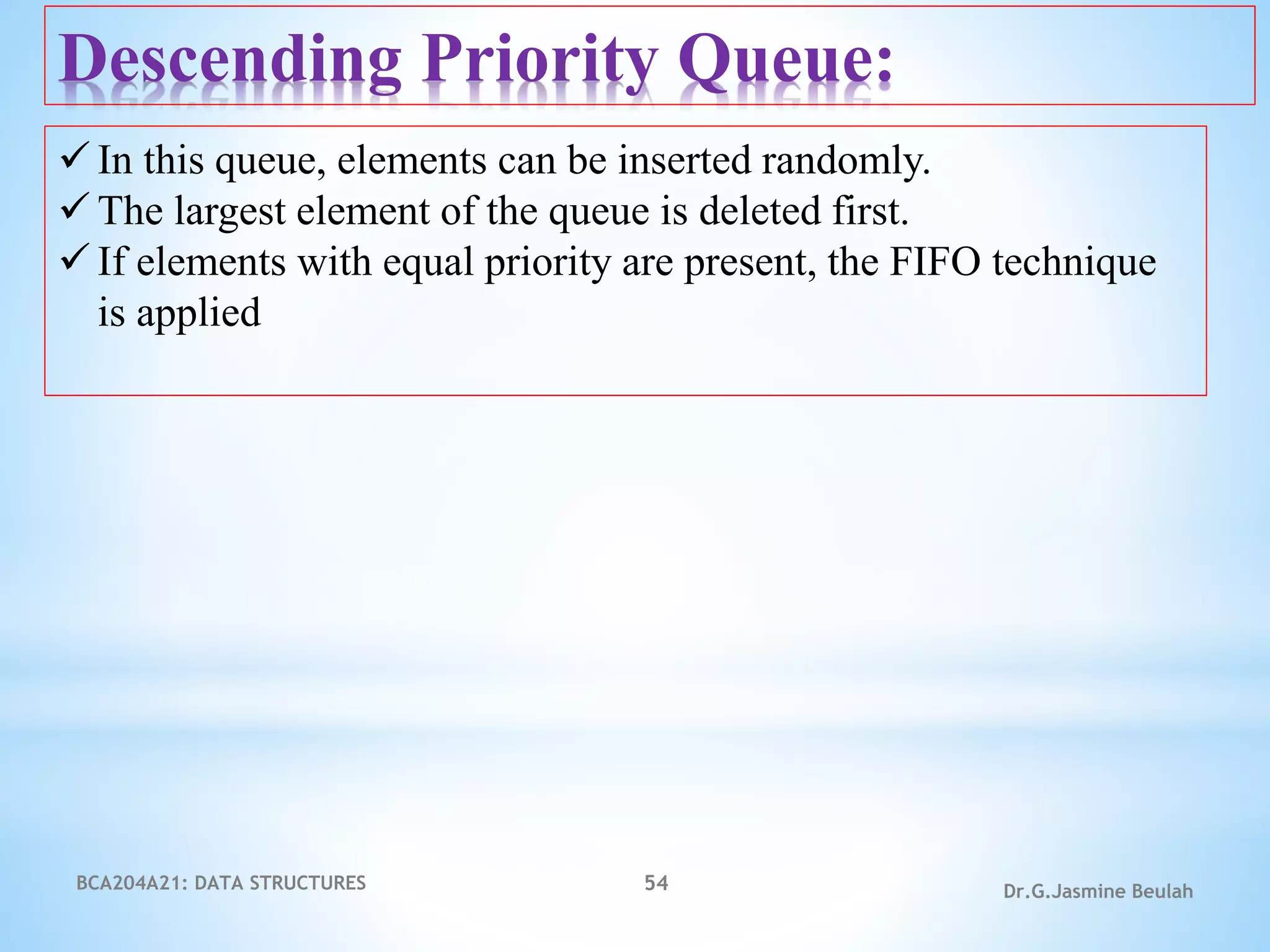 BCA204A21: DATA STRUCTURES 54 Dr.G.Jasmine Beulah
Descending Priority Queue:
 In this queue, elements can be inserted randomly.
 The largest element of the queue is deleted first.
 If elements with equal priority are present, the FIFO technique
is applied
 