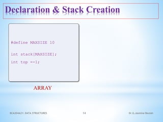 Declaration & Stack Creation
14
#define MAXSIZE 10
int stack[MAXSIZE];
int top =-1;
ARRAY
Dr.G.Jasmine Beulah
BCA204A21: DATA STRUCTURES
 