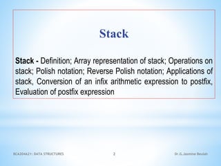 Stack
Stack - Definition; Array representation of stack; Operations on
stack; Polish notation; Reverse Polish notation; Applications of
stack, Conversion of an infix arithmetic expression to postfix,
Evaluation of postfix expression
2 Dr.G.Jasmine Beulah
BCA204A21: DATA STRUCTURES
 