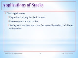 Applications of Stacks
• Direct applications:
• Page-visited history in a Web browser
• Undo sequence in a text editor
• Saving local variables when one function calls another, and this one
calls another
20 Dr.G.Jasmine Beulah
BCA204A21: DATA STRUCTURES
 