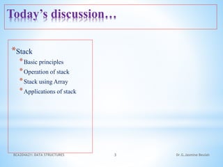 Today’s discussion…
3
*Stack
*Basic principles
*Operation of stack
*Stack using Array
*Applications of stack
Dr.G.Jasmine Beulah
BCA204A21: DATA STRUCTURES
 