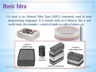 Basic Idea
• A stack is an Abstract Data Type (ADT), commonly used in most
programming languages. It is named stack as it behaves like a real-
world stack, for example – a deck of cards or a pile of plates, etc.
5 Dr.G.Jasmine Beulah
BCA204A21: DATA STRUCTURES
 