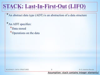 STACK: Last-In-First-Out (LIFO)
*An abstract data type (ADT) is an abstraction of a data structure
*An ADT specifies:
*Data stored
*Operations on the data
8
Assumption: stack contains integer elements!
Dr.G.Jasmine Beulah
BCA204A21: DATA STRUCTURES
 