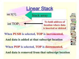 Linear Stack int S[5]; When  PUSH  is selected,  TOP  is  incremented, And data is added at that subscript location When  POP  is selected,  TOP  is  decremented, And data is removed from that subscript location Stack array int TOP; To hold address of location where data is inserted or deleted 