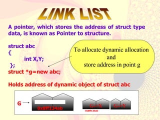 A pointer, which stores the address of struct type data, is known as Pointer to structure. struct abc { int X,Y;  }; struct *g=new abc;  Holds address of dynamic object of struct abc   G   0x8ff134ab G->X 0x8ff134ab G->X G->Y LINK LIST To allocate dynamic allocation  and  store address in point g     