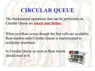 CIRCULAR QUEUE The fundamental operations that can be performed on Circular Queue are  Insert and Delete . When overflow occurs though the free cells are available, Rear reaches ends Circular Queue is implemented to avoid this drawback. In Circular Queue as soon as Rear reaches maximum it should reset to 0. 