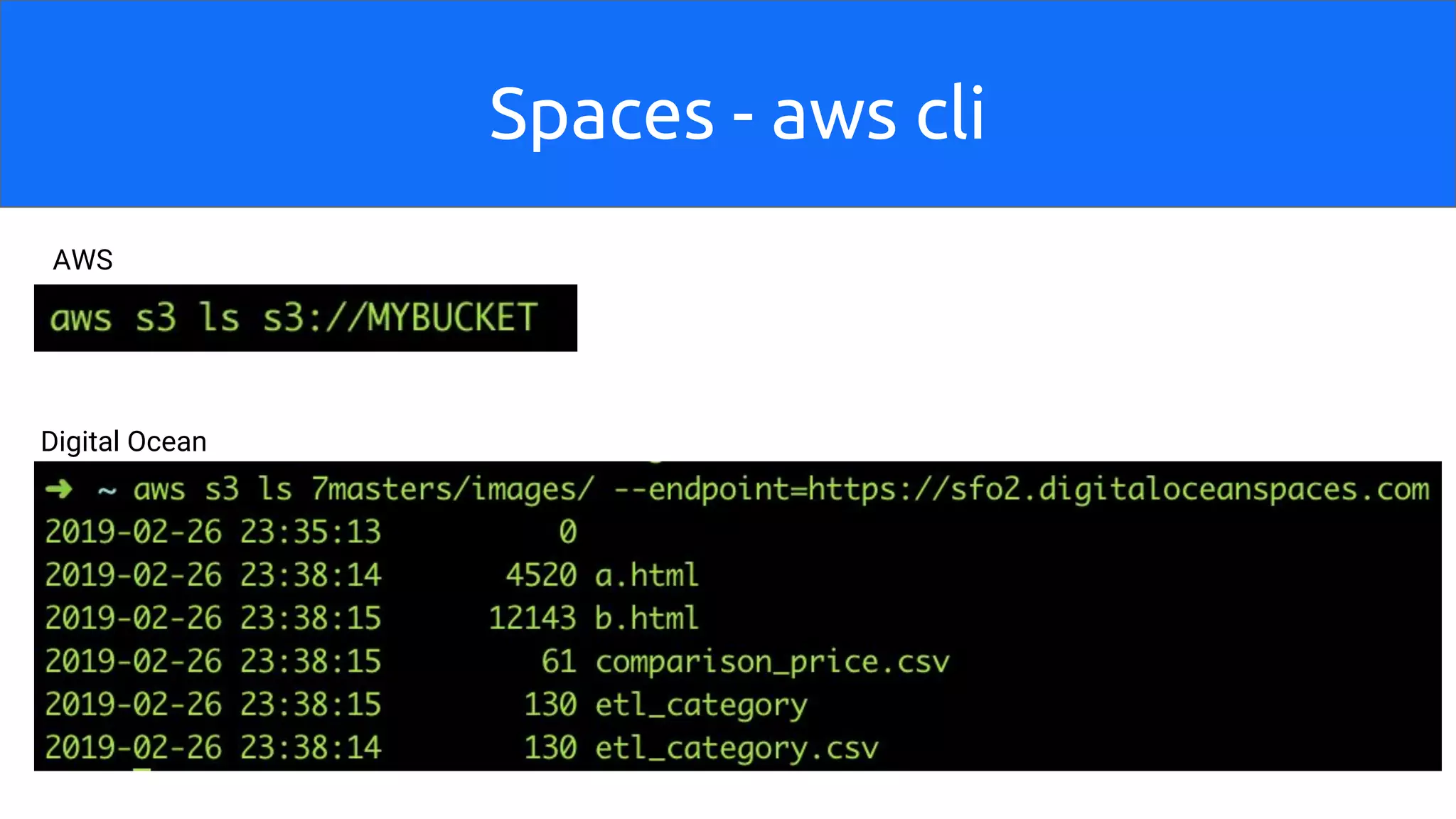 Spaces - aws cli
AWS
Digital Ocean
 
