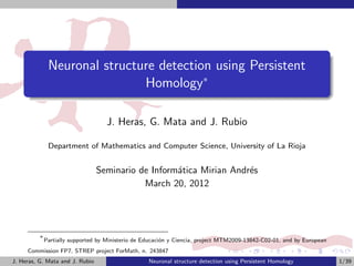 Neuronal structure detection using Persistent
                               Homology∗

                                    J. Heras, G. Mata and J. Rubio

               Department of Mathematics and Computer Science, University of La Rioja


                                 Seminario de Inform´tica Mirian Andr´s
                                                    a                e
                                            March 20, 2012




          ∗
              Partially supported by Ministerio de Educaci´n y Ciencia, project MTM2009-13842-C02-01, and by European
                                                          o
     Commission FP7, STREP project ForMath, n. 243847
J. Heras, G. Mata and J. Rubio                      Neuronal structure detection using Persistent Homology              1/39
 