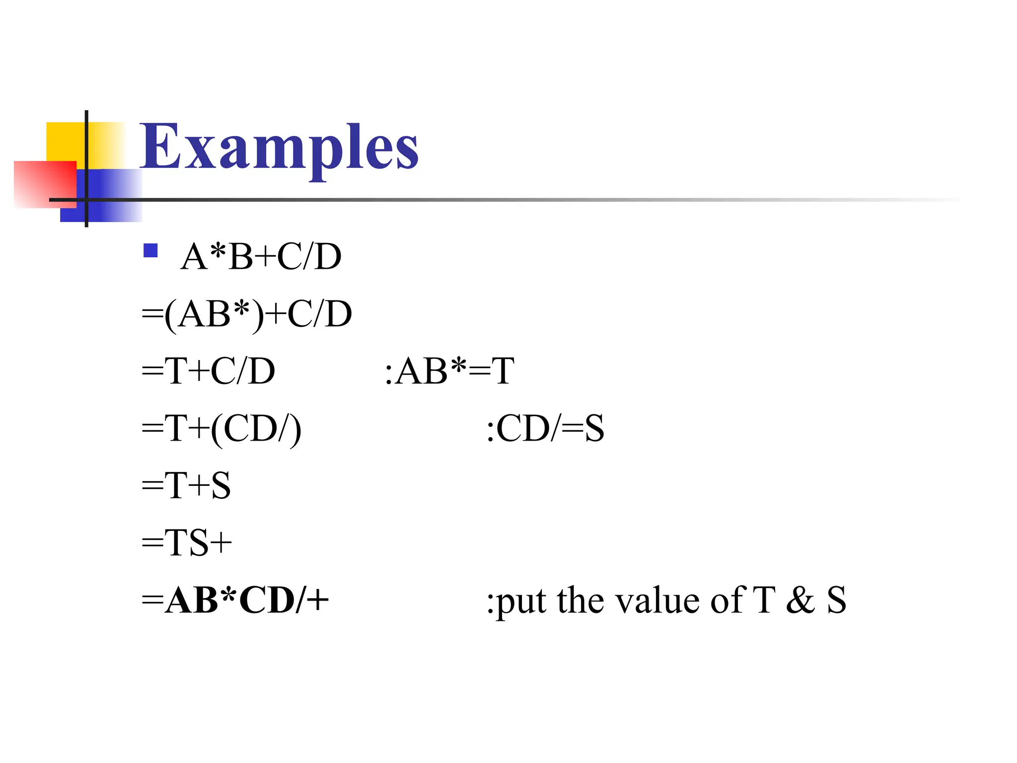 Examples
 A*B+C/D
=(AB*)+C/D
=T+C/D :AB*=T
=T+(CD/) :CD/=S
=T+S
=TS+
=AB*CD/+ :put the value of T & S
 