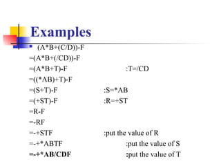 Examples
 (A*B+(C/D))-F
=(A*B+(/CD))-F
=(A*B+T)-F :T=/CD
=((*AB)+T)-F
=(S+T)-F :S=*AB
=(+ST)-F :R=+ST
=R-F
=-RF
=-+STF :put the value of R
=-+*ABTF :put the value of S
=-+*AB/CDF :put the value of T
 