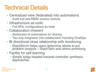 Technical Details!
•  Centralized view (federated) into automations!
•  Audit trail and RBAC access controls!
•  Infrastru...