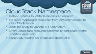 CloudStack Namespace
• Instead create CloudStack specific namespace!
• No more mapping of resources from AWS namespace to
CloudStack space
• Adds the ability to validate API parameters
• Every CloudStack resource becomes a “participant” in the
workflow execution
• Essentially need to call create and delete APIs
 
