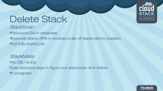 Delete Stack
Stacktician
•Resource IDs in database
•Execute delete APIs in reverse order of dependency creation
•Not fully tested yet
StackMate
•No DB, no IDs
•Use resource tags to figure out resources, and delete
•In progress
 