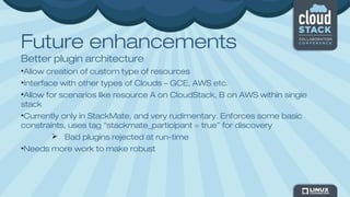 Future enhancements
Better plugin architecture
•Allow creation of custom type of resources
•Interface with other types of Clouds – GCE, AWS etc.
•Allow for scenarios like resource A on CloudStack, B on AWS within single
stack
•Currently only in StackMate, and very rudimentary. Enforces some basic
constraints, uses tag “stackmate_participant = true” for discovery
 Bad plugins rejected at run-time
•Needs more work to make robust
 