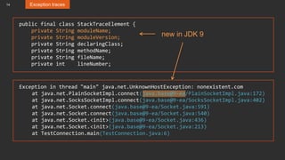 14 Exception traces
Exception in thread "main" java.net.UnknownHostException: nonexistent.com
at java.net.PlainSocketImpl.connect(java.base@9-ea/PlainSocketImpl.java:172)
at java.net.SocksSocketImpl.connect(java.base@9-ea/SocksSocketImpl.java:402)
at java.net.Socket.connect(java.base@9-ea/Socket.java:591)
at java.net.Socket.connect(java.base@9-ea/Socket.java:540)
at java.net.Socket.<init>(java.base@9-ea/Socket.java:436)
at java.net.Socket.<init>(java.base@9-ea/Socket.java:213)
at TestConnection.main(TestConnection.java:6)
public final class StackTraceElement {
private String moduleName;
private String moduleVersion;
private String declaringClass;
private String methodName;
private String fileName;
private int lineNumber;
new in JDK 9
 