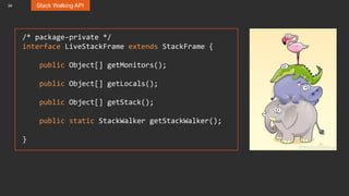 34 Stack Walking API
/* package-private */
interface LiveStackFrame extends StackFrame {
public Object[] getMonitors();
public Object[] getLocals();
public Object[] getStack();
public static StackWalker getStackWalker();
}
 