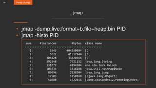 59
jmap
• jmap -dump:live,format=b,file=heap.bin PID
• jmap -histo PID
Heap dump
num #instances #bytes class name
----------------------------------------------
1: 1943 404550984 [J
2: 5622 41517944 [B
3: 306128 33720768 [C
4: 292548 7021152 java.lang.String
5: 131072 4194304 one.nio.lock.RWLock
6: 103634 3316288 java.util.HashMap$Node
7: 89096 2138304 java.lang.Long
8: 17503 1850168 [Ljava.lang.Object;
9: 50688 1622016 [Lone.cassandra12.remoting.Host;
 