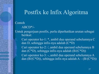 27
Postfix ke Infix Algoritma
Contoh
ABCD*/-
Untuk pengerjaan postfix, perlu diperhatikan urutan sebagai
berikut:
1. Cari operator ke-1: *, ambil dua operand sebelumnya C
dan D, sehingga infix-nya adalah (C*D)
2. Cari operator ke-2: /, ambil dua operand sebelumnya B
dan (C*D), sehingga infix-nya adalah (B/(C*D))
3. Cari operator ke-3: -, ambil dua operand sebelumnya A
dan (B/(C*D)), sehingga infix-nya adalah A – (B/(C*D))
 