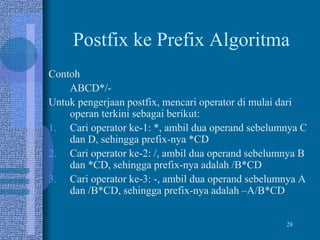 28
Postfix ke Prefix Algoritma
Contoh
ABCD*/-
Untuk pengerjaan postfix, mencari operator di mulai dari
operan terkini sebagai berikut:
1. Cari operator ke-1: *, ambil dua operand sebelumnya C
dan D, sehingga prefix-nya *CD
2. Cari operator ke-2: /, ambil dua operand sebelumnya B
dan *CD, sehingga prefix-nya adalah /B*CD
3. Cari operator ke-3: -, ambil dua operand sebelumnya A
dan /B*CD, sehingga prefix-nya adalah –A/B*CD
 