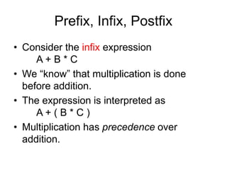Prefix, Infix, Postfix
• Consider the infix expression
A + B * C
• We “know” that multiplication is done
before addition.
• The expression is interpreted as
A + ( B * C )
• Multiplication has precedence over
addition.
 