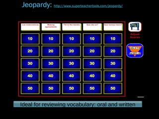 Ideal for reviewing vocabulary: oral and written
Jeopardy: http://www.superteachertools.com/jeopardy/
 