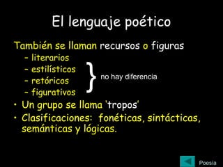 El lenguaje poético
También se llaman recursos o figuras
– literarios
– estilísticos
– retóricos
– figurativos
• Un grupo se llama ‘tropos’
• Clasificaciones: fonéticas, sintácticas,
semánticas y lógicas.
Poesía
}no hay diferencia
 