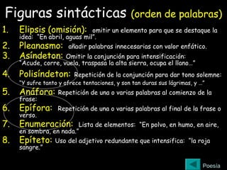 Figuras sintácticas (orden de palabras)
1. Elipsis (omisión): omitir un elemento para que se destaque la
idea: “En abril, aguas mil”.
2. Pleanasmo: añadir palabras innecesarias con valor enfático.
3. Asíndeton: Omitir la conjunción para intensificación:
“Acude, corre, vuela, traspasa la alta sierra, ocupa el llano…”
4. Polisíndeton: Repetición de la conjunción para dar tono solemne:
“Y sufre tanto y ofrece tentaciones, y son tan duras sus lágrimas, y …”
5. Anáfora: Repetición de una o varias palabras al comienzo de la
frase:
6. Epífora: Repetición de una o varias palabras al final de la frase o
verso.
7. Enumeración: Lista de elementos: “En polvo, en humo, en aire,
en sombra, en nada.”
8. Epíteto: Uso del adjetivo redundante que intensifica: “la roja
sangre.”
Poesía
 