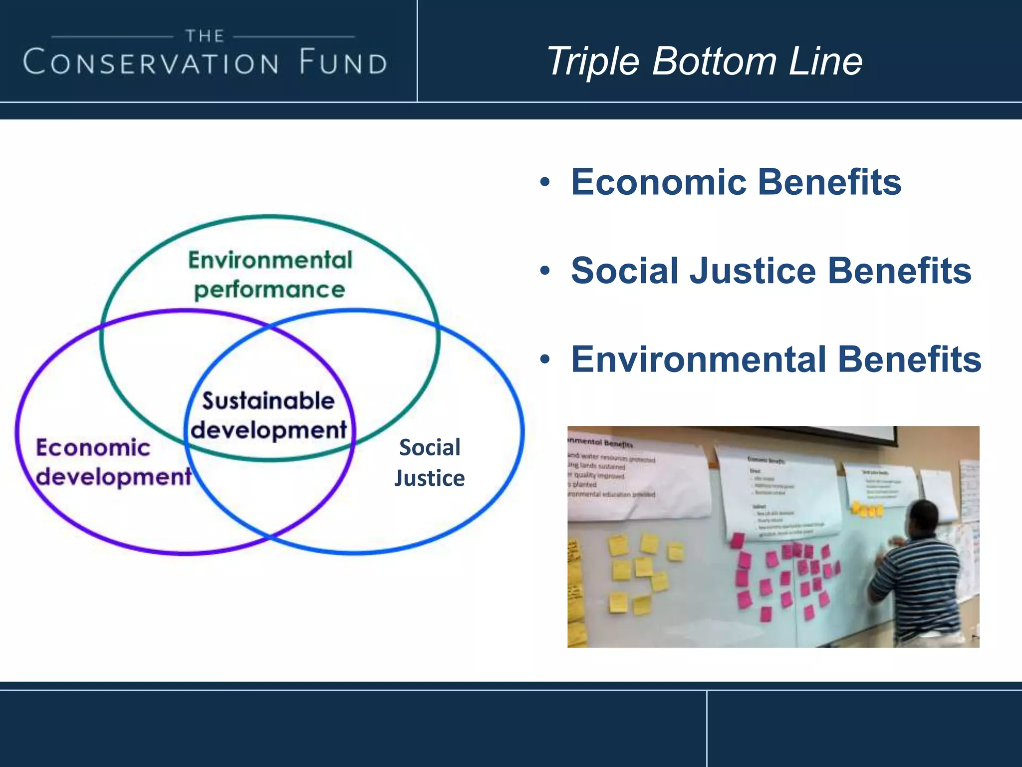Triple Bottom Line
• Economic Benefits
• Social Justice Benefits
• Environmental Benefits
Social
Justice
 