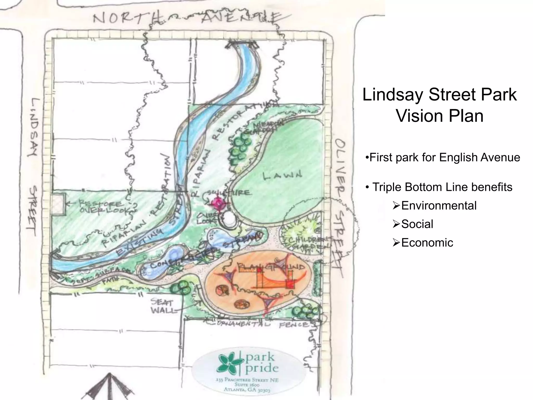 Parks with Purpose
The Community Vision
Strengthening Communities
•Create the first park for English Avenue
•Provide Triple Bottom Line benefits
•Engage community and build capacity
•Involve community in designing and
building park
•Provide environmental education
opportunities
•Provide direct economic impact and jobs
•Utilize green infrastructure for stormwater
management
Lindsay Street Park
Vision Plan
•First park for English Avenue
• Triple Bottom Line benefits
Environmental
Social
Economic
 