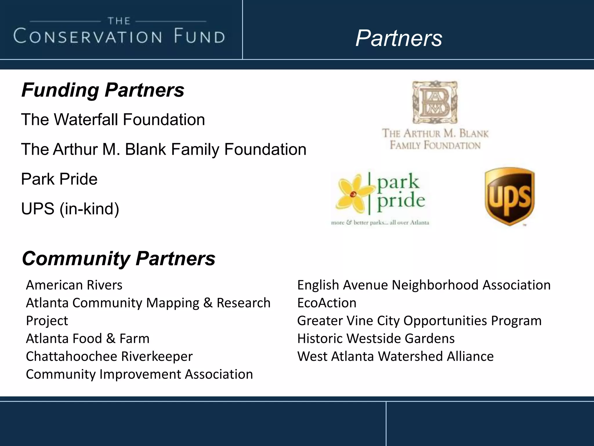 Partners
Funding Partners
The Waterfall Foundation
The Arthur M. Blank Family Foundation
Park Pride
UPS (in-kind)
Community Partners
American Rivers
Atlanta Community Mapping & Research
Project
Atlanta Food & Farm
Chattahoochee Riverkeeper
Community Improvement Association
English Avenue Neighborhood Association
EcoAction
Greater Vine City Opportunities Program
Historic Westside Gardens
West Atlanta Watershed Alliance
 