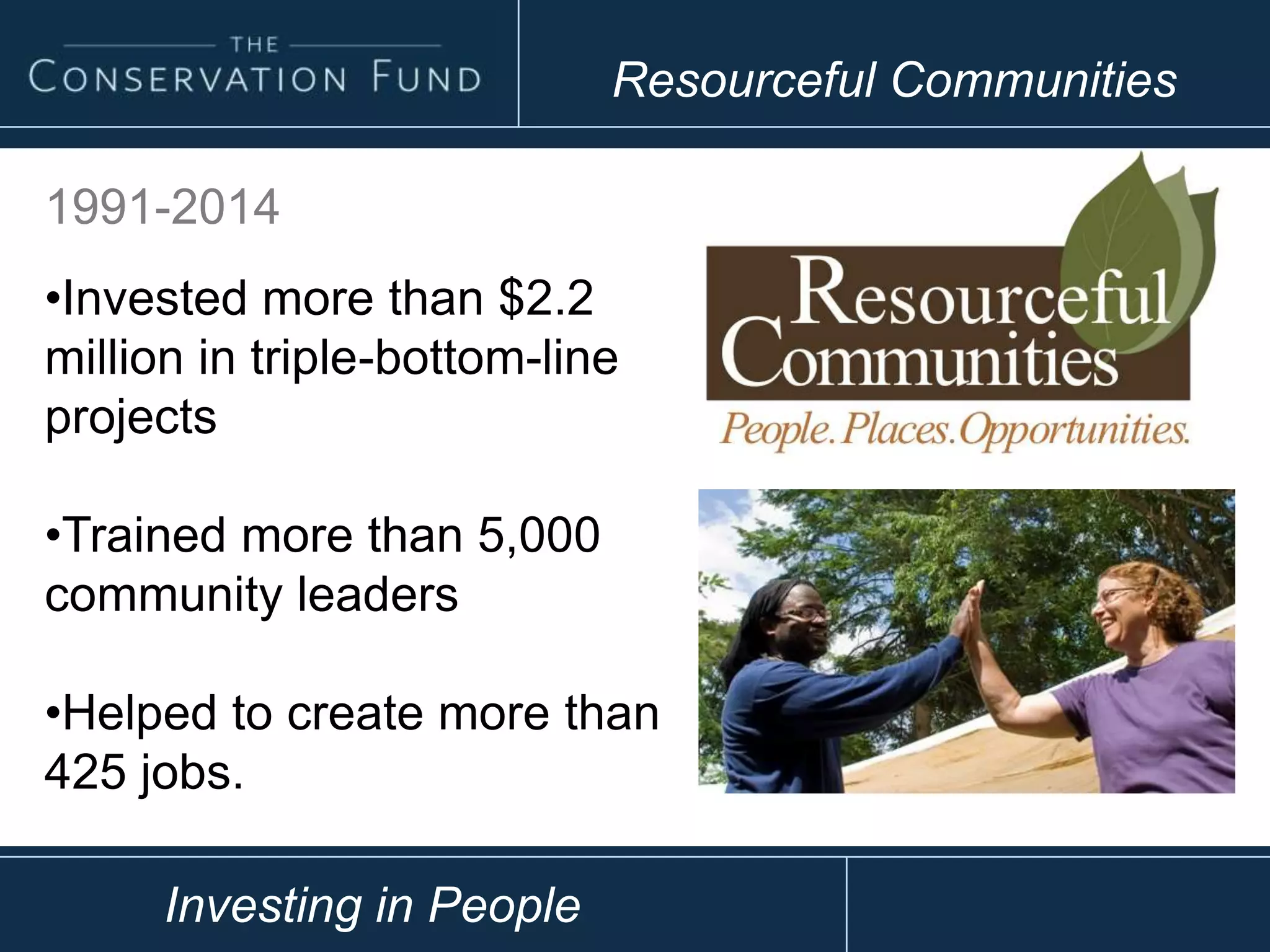 Resourceful Communities
Investing in People
1991-2014
•Invested more than $2.2
million in triple-bottom-line
projects
•Trained more than 5,000
community leaders
•Helped to create more than
425 jobs.
 