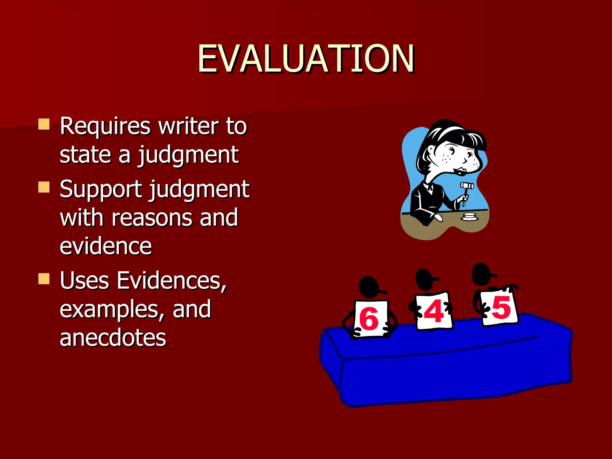 EVALUATION Requires writer to state a judgment Support judgment with reasons and evidence Uses Evidences, examples, and anecdotes 