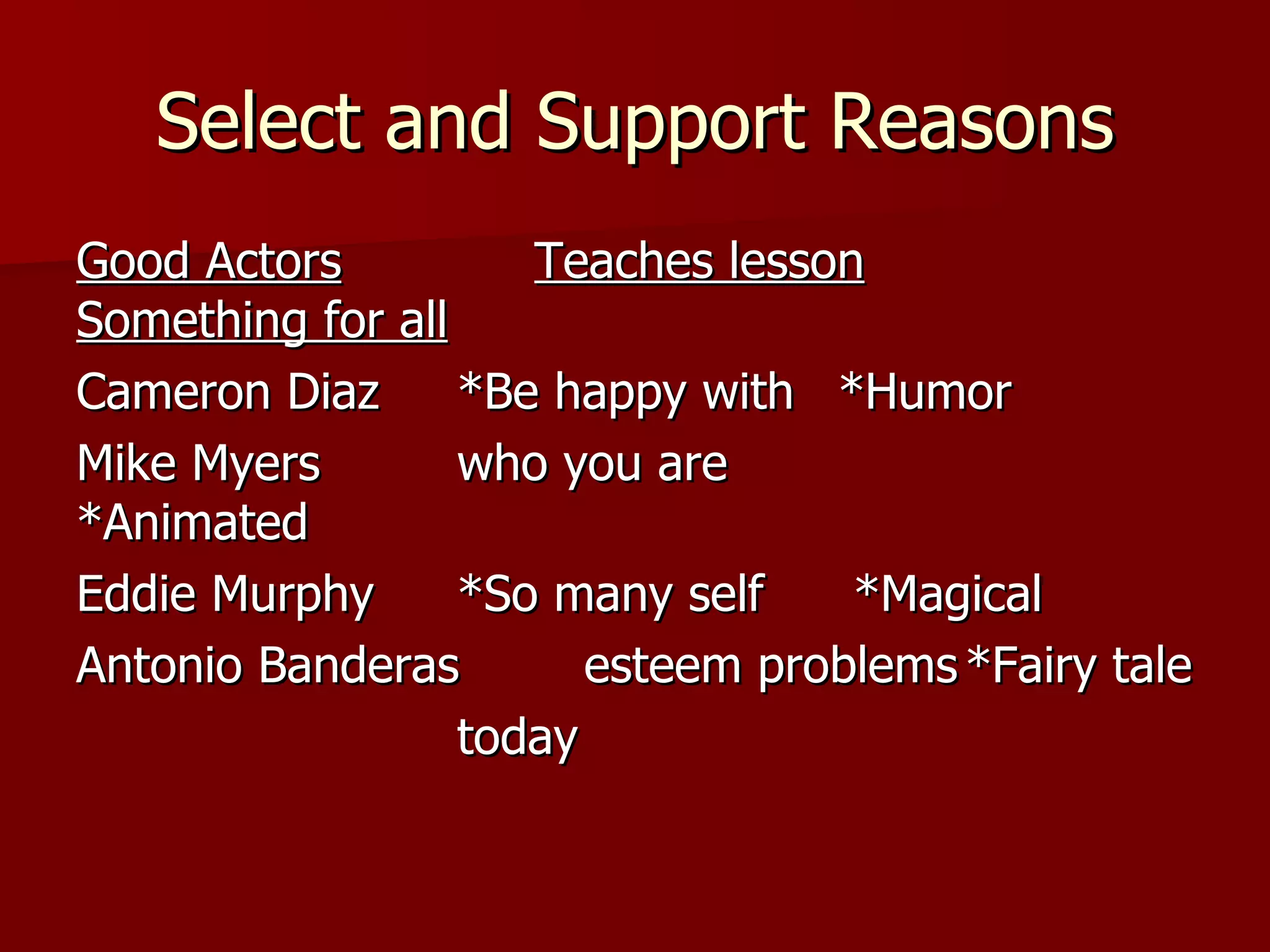 Select and Support Reasons Good Actors   Teaches lesson   Something for all Cameron Diaz *Be happy with *Humor Mike Myers who you are *Animated Eddie Murphy *So many self   *Magical Antonio Banderas esteem problems *Fairy tale today 
