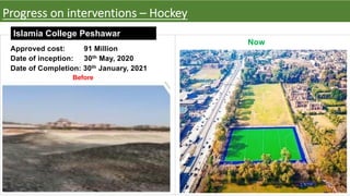 Progress on interventions – Hockey
Islamia College Peshawar
Approved cost: 91 Million
Date of inception: 30th May, 2020
Date of Completion: 30th January, 2021
Before
Now
 