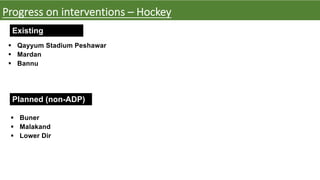§ Qayyum Stadium Peshawar
§ Mardan
§ Bannu
Progress on interventions – Hockey
Existing
Planned (non-ADP)
§ Buner
§ Malakand
§ Lower Dir
 