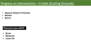 § Qayyum Stadium Peshawar
§ Mardan
§ Bannu
Progress on interventions – Cricket (Existing Grounds)
Planned (non-ADP)
§ Buner
§ Malakand
§ Lower Dir
 