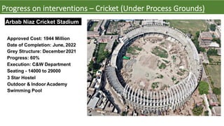 Approved Cost: 1944 Million
Date of Completion: June, 2022
Grey Structure: December2021
Progress: 60%
Execution: C&W Department
Seating - 14000 to 29000
3 Star Hostel
Outdoor & Indoor Academy
Swimming Pool
Arbab Niaz Cricket Stadium
Progress on interventions – Cricket (Under Process Grounds)
 