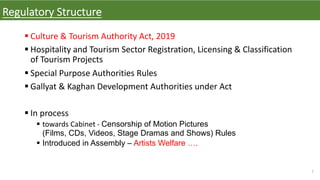 7
Regulatory Structure
§ Culture & Tourism Authority Act, 2019
§ Hospitality and Tourism Sector Registration, Licensing & Classification
of Tourism Projects
§ Special Purpose Authorities Rules
§ Gallyat & Kaghan Development Authorities under Act
§ In process
§ towards Cabinet - Censorship of Motion Pictures
(Films, CDs, Videos, Stage Dramas and Shows) Rules
§ Introduced in Assembly – Artists Welfare ….
 