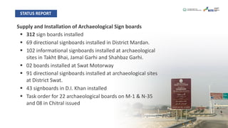 Supply and Installation of Archaeological Sign boards
§ 312 sign boards installed
§ 69 directional signboards installed in District Mardan.
§ 102 informational signboards installed at archaeological
sites in Takht Bhai, Jamal Garhi and Shahbaz Garhi.
§ 02 boards installed at Swat Motorway
§ 91 directional signboards installed at archaeological sites
at District Swat.
§ 43 signboards in D.I. Khan installed
§ Task order for 22 archaeological boards on M-1 & N-35
and 08 in Chitral issued
STATUS REPORT
 