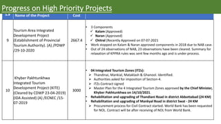 S.# Name of the Project Cost
9
Tourism Area Integrated
Development Project
(Establishment of Provincial
Tourism Authority). (A) /PDWP
/29-10-2020
2667.4
• 3 Components
ü Kalam (Approved)
ü Naran (Approved)
ü Chitral (Recently Approved on 07-07-2021
• Work stopped on Kalam & Naran approved components in 2018 due to NAB case.
• Out of 24 observations of NAB, 23 observations have been cleared. Summary for
relaxation of KPPRA rules was sent few months ago and is under process.
10
Khyber Pakhtunkhwa
Integrated Tourism
Development Project (KITE)
(Cleared by CDWP 23-04-2019)
(IDA Assisted) (A) /ECNEC /15-
07-2019
3000
• 04 Integrated Tourism Zones (ITZs):
Ø Thandinai, Mankial, Mataklash & Ghanool. Identified.
Ø Authorities asked for imposition of Section-4.
Ø ITZs Contract signed
Ø Master Plan for the 4 Integrated Tourism Zones approved by the Chief Minister,
Khyber Pakhtunkhwa on 14/10/2021.
• Rehabilitation and upgrading of Thandiani Road in district Abbottabad (24 KM)
• Rehabilitation and upgrading of Mankyal Road in district Swat - 24 KM
Ø Procurement process for Civil Contract started. World Bank has been requested
for NOL. Contract will be after receiving of NOL from World Bank.
Progress on High Priority Projects
 
