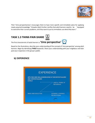 10
Their ‘time perspectiveness’ encourages them to have more specific and immediate plans for applying
newly acquired knowledge.” Knowles (ibid.) further clarifies that adult learners need to be “equipped
to overcome their current problems, and they want to put to immediate use what they learn.”
TASK 1.3 THINK-PAIR-SHARE
The first characteristic of adult learners is ‘time perspective’.
Based on the illustrations, describe your understanding of the concept of ‘time perspective’ among adult
learners. Begin by identifying THREE keywords. Share your understanding with your neighbour and later
post your responses in the group’s padlet.
b) EXPERIENCE
EXPERIENCE
APPLYING NEW SKILLS/KNOWLEDGE AT DECONTEXTUALIZED
AND CONTEXTUALIZED
LEVELS
USEFUL FRAME OF
REFERENCE
MAKE WISE SELECTION WORKING, LEARNING,
RECREATIONAL
 