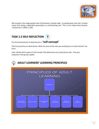 13
Self-concept is the image people have of themselves. Knowles adds, “as people grow, their self- concept
moves from being a dependent personality to a self-directing one.” This in turn makes them become
“autonomous” (1990, p. 236).
TASK 1.5 SELF-REFLECTION
The third characteristic of adult learners is ‘self-concept’.
Think of yourself as an adult learner. What are some of the roles you could play as an active learner? List
them.
Later, decide which aspect of ‘self-concept’ that determines you to play those roles. Post your
responses in the group’s padlet.
ADULT LEARNERS’ LEARNING PRINCIPLES
PRINCIPLES OF ADULT
LEARNING
PRINCIPLES
VOLUNTARY
PARTICIPATION
MUTUAL RESPECT
COLLABORATIVE
SPIRIT
ACTION &
REFLECTION
CRITICAL
REFLECTION
SELF
DIRECTION
 