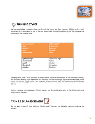 19
THINKING STYLES
Various psychology researches have confirmed that there are four common thinking styles. Each
thinking style is dominated by one of the four upper-lower hemispheres of the brain. The following is a
summary of the thinking style.
Thinking styles have a lot of influence on how a person processes information. In the context of training,
the trainees’ thinking style determines the way they acquire knowledge, organize their thoughts, form
views and opinions, apply values, solve problems, make decisions, plan, and even express themselves to
others.
Hence, it playing your roles as an efficient trainer, you do need to also cater to the different thinking
styles of your trainees.
TASK 2.5 SELF-ASSESSMENT
Do you want to identify your preferred thinking style? Complete the following inventory to know the
answer.
A) Cerebral-Left
Logic
Analysis
Facts
Measurement
B) Limbic-Left
Organization
Sequence
Planning
Detail
C) Limbic-Right
Interpersonal
Social
Kinesthetic
Emotion
D) Cerebral-Right
Holistic
Intuition
Integration
Synthesis
 