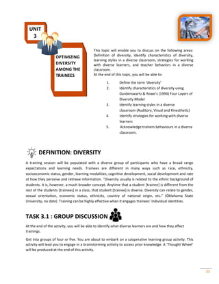 23
This topic will enable you to discuss on the following areas:
Definition of diversity, identify characteristics of diversity,
learning styles in a diverse classroom, strategies for working
with diverse learners, and teacher behaviors in a diverse
classroom.
At the end of this topic, you will be able to:
1. Define the term ‘diversity’
2. Identify characteristics of diversity using
Gardenswartz & Rowe’s (1994) Four Layers of
Diversity Model
3. Identify learning styles in a diverse
classroom (Auditory, Visual and Kinesthetic)
4. Identify strategies for working with diverse
learners
5. Acknowledge trainers behaviours in a diverse
classroom.
DEFINITION: DIVERSITY
A training session will be populated with a diverse group of participants who have a broad range
expectations and learning needs. Trainees are different in many ways such as race, ethnicity,
socioeconomic status, gender, learning modalities, cognitive development, social development and rate
at how they perceive and retrieve information. "Diversity usually is related to the ethnic background of
students. It is, however, a much broader concept. Anytime that a student [trainee] is different from the
rest of the students [trainees] in a class, that student [trainee] is diverse. Diversity can relate to gender,
sexual orientation, economic status, ethnicity, country of national origin, etc." (Oklahoma State
University, no date) Training can be highly effective when it engages trainees’ individual identities.
TASK 3.1 : GROUP DISCUSSION
At the end of the activity, you will be able to identify what diverse learners are and how they affect
trainings.
Get into groups of four or five. You are about to embark on a cooperative learning group activity. This
activity will lead you to engage in a brainstorming activity to access prior knowledge. A ‘Thought Wheel’
will be produced at the end of this activity.
OPTIMIZING
DIVERSITY
AMONG THE
TRAINEES
UNIT
3
 
