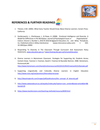 33
REFERENCES & FURTHER READINGS
1. Tileston, D.W. (2005). What Every Teacher Should Know About Diverse Learners. Corwin Press:
California
2. Gardenswartz, L., Cherbosque, J., & Rowe, A. (2008). Emotional Intelligence and Diversity. A
Model for Differences in the Workplace. Journal of Psychological Issues in Organizational
Culture, Volume 1, Number 1, 2010 © 2010 Bridgepoint Education, Inc. and Wiley Periodicals,
Inc. Published online in Wiley InterScience (www.interscience.wiley.com) • DOI:
10.1002/jpoc.20002
3. Responding To Diversity In The Classroom Through Curriculum And Assessment Policy
Statements. www.education.gov.za / www.thutong.doe.gov.za/InclusiveEducation
4. Diverse Learners in Mainstream Classroom. Strategies for Supporting ALL Students Across
Content Areas. Yvonnes S. Freeman, David E. Freeman & Reynaldo Ramirez. 2008. Heinemann,
Portsmouth,NH
http://www.heinemann.com/shared/onlineresources%5CE01313%5CFreeman01313Sample.pdf
5. Supporting Linguistically and Culturally Diverse Learners in English Education
http://www.ncte.org/cee/positions/diverselearnersinee
6. http://dwashingtonllc.com/images/pdf/publications/the_concept_of_diversity.pdf
7. http://www.oakwoodcourt.ac.uk/equdisc/index.php?option=com_content&view=article&id=8&
Itemid=29
8. https://www.teachervision.com/teaching-methods/resource/6039.html
 