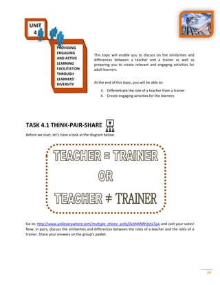 34
This topic will enable you to discuss on the similarities and
differences between a teacher and a trainer as well as
preparing you to create relevant and engaging activities for
adult learners.
At the end of this topic, you will be able to:
3. Differentiate the role of a teacher from a trainer
4. Create engaging activities for the learners
TASK 4.1 THINK-PAIR-SHARE
Before we start, let’s have a look at the diagram below:
Go to: http://www.polleverywhere.com/multiple_choice_polls/0LM4iWRh3ctx7yw and cast your votes!
Now, in pairs, discuss the similarities and differences between the roles of a teacher and the roles of a
trainer. Share your answers on the group’s padlet.
PROVIDING
ENGAGING
AND ACTIVE
LEARNING
FACILITATION
THROUGH
LEARNERS'
DIVERSITY
UNIT
4
 