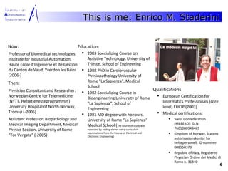 This is me: Enrico M. Staderini


Now:                                    Education:
Professor of biomedical technologies:  2003 Specializing Course on
Institute for Industrial Automation,     Assistive Technology, University of
Haute Ecole d'Ingénierie et de Gestion   Trieste, School of Engineering
du Canton de Vaud, Yverdon les Bains  1988 PhD in Cardiovascular
(2006-)                                  Physiopathology University of
                                         Rome "La Sapienza", Medical
Then:
                                         School
Physician Consultant and Researcher:  1982 Specializing Course in                      Qualifications
Norwegian Centre for Telemedicine        Bioengineering University of Rome                European Certification for
(NYTT, Helsetjenesteprogrammet)          "La Sapienza“, School of                           Informatics Professionals (core
University Hospital of North-Norway,     Engineering                                        level) EUCIP (2003)
Tromsø (-2006)                                                                            Medical certifications:
                                        1981 MD degree with honours,
Assistant Professor: Biopathology and    University of Rome "La Sapienza"                        Swiss Confederation
Medical Imaging Department, Medical                                                                (MEBEKO): GLN
                                         Medical School (The course of study was
Physics Section, University of Rome      extended by adding eleven extra-curriculum                7601000948465
                                         examinations from the Course of Electrical and          Kingdom of Norway, Statens
“Tor Vergata” (-2005)                    Electronic Engineering)
                                                                                                  autorisasjonskontor for
                                                                                                  helsepersonell: ID-nummer
                                                                                                  008550379
                                                                                                 Republic of Italy, Registered
                                                                                                  Physician Ordine dei Medici di
                                                                                                  Roma n. 31340
                                                                                                                                6
 