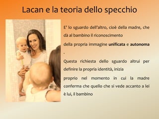 Lacan e la teoria dello specchio 
E’ lo sguardo dell’altro, cioè della madre, che 
dà al bambino il riconoscimento 
della ...