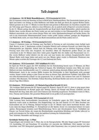 TuS-Jugend
A-2-Junioren - SG SF Bichl /Benediktbeuern – TUS Geretsried 4:3 (2:1)
Die A2-Junioren waren am Samstag zu Gast in Bichl beim Tabellennachbarn. Die Geretsrieder kamen gut ins
Spiel und hatten von Anfang an mehr Ballbesitz und ließen den Ball gut durch die eigenen Reihen laufen.
Jedoch gerieten sie in der 13. Minute in einen Konter und gerieten in Rückstand. Im Anschluss erspielte sich
der TuS einige gute Chancen, inklusive eines Elfmeters, die sie jedoch nicht erfolgreich verwerten konnten.
In der 41. Minute gelang dann der Ausgleichstreffer per Kopf durch Jakob Bahnmüller, jedoch spielten die
Bichler ihren zweiten Konter der Partie wieder gut aus und erzielten so den Führungstreffer. In der zweiten
Halbzeit entwickelte sich eine extrem hitzige Partie mit vielen Spielunterbrechungen auf beiden Seiten. Da
sich in der Geretsrieder Hintermannschaft immer wieder große Lücken auftaten, genügte der Doppelpack
von Malik Dedic nicht, um einen Punkt aus Bichl mitzunehmen und die Partie endete mit 4:3.
C-1-Junioren - SE Freising – TUS Geretsried 4:2 (2:1)
Unsere C1-Junioren traten am Sonntag zum Top-Spiel in Freising an und erwischten einen Auftakt nach
Maß. Bereits in der 2. Spielminute erzielte Constantin Dittrich nach schönem Freistoß von Jakob Jörg den
Führungstreffer per Abpraller. Jedoch hielt die Führung nicht lange und im direkten Gegenzug erzielte
Freising nach einer Ecke den Ausgleich. Im Anschluss übten die Hausherren großen Druck aus und
verwerteten in der 19. Minute einen ihrer vielen guten Angriffe über die Außen zum Pausenstand von 2:1.
Die zweite Halbzeit verlief ähnlich wie die erste und man konnte den schönen Ausgleichstreffer durch
Manuel Bader nicht lange halten und geriet nur eine Minute später wieder in Rückstand. Wiederum eine
Minute später erzielten die Freisinger das 4:2 zum Endstand der Partie.
D-1-Junioren - TUS Geretsried – TSV Schäftlarn 9:1 (4:1)
Im Spiel der TUS D1 gegen den TSV Schäftlarn ﬁel die Entscheidung bereits nach 15 Minuten, als Maxi
Zöhren mit einem Doppelschlag das Torfestival begann. Die Schäftlarner konnten zwar Mitte der ersten
Halbzeit mit dem Anschlusstreffer zum 2:1 verkürzen, jedoch gelang abermals Zöhren und Leo Haas der 4:1
Halbzeitstand. Auch in der zweiten Hälfte konnten die Geretsrieder in ihrer Spielfreude nicht gestoppt
werden. Immer wieder gelang es dem Team um ihren an diesem Tage arbeitslosen Torhüter Luka Babir sich
mit tollen Kombinationen schnell vor das gegnerische Tor zu spielen. Die weiteren Tore zum 9:1 Endstand
erzielten  Niki Hermann, Tim Schröder, Fabian Kiessling, Korbinian Kreller und sowie mit seinem 4. Tor an
diesem Tage Maxi Zöhren.
D-2-Junioren - TUS Geretsried – FC Rottach-Egern/Real Kreuth 5:2 (4:1)
 Ein wichtiges Spiel gewann die D2 Jugend gegen FC Rottach -Egern D1 mit 5:1, denn es ging gegen einen
direkten Konkurrenten im Kampf gegen den Abstieg. Durch viel Kampf und Einsatz verdiente sich die
Mannschaft den Sieg, hatte aber auch viele Chancen zum Torerfolg ausgelassen. Torschützen waren 2x Maxi,
Enis, Thomas und Jordanis. Der gesamten Mannschaft ist ein großes Lob auszusprechen.
E-1-Junioren - FF Geretsried - TUS Geretsried 2:3 (1:2)
Tolle Leistung beim hochverdienten Auswärtssieg im Lokalderby gegen die FFG. Einsatz, Moral und
Spielwitz waren nicht zu überbieten. Ein Doppelschlag von Jan und Jannick (13./15. Min) brachten uns
hochverdient mit 2:0 in Führung. Roland besorgte in der 35. Minute nach einem herrlichen Konter  über
Louis dann das längst überfällige 3:1. Kompliment an alle Spieler, besser wie momentan können wir kaum
spielen. Herausragend trotzdem noch Mittelfeldstratege Nevio und Abwehrspieler Xaver. Vorbildlich der
Einsatz von Torwart Julian, der wegen des Bombenfundes ausgeliehene Kleidung und Schuhe (allesviel zu
groß) sich trotzdem ins Tor stellte, sowie die tadellose Leistung des Schiedsrichters.
Tore: Schröder, Neumüller und Somogyi, je 1x 
Kreisﬁnale Merkur-Cup – 3. Platz
Ungeschlagen und trotzdem nur 3. Platz, das ist die Kurzgeschichte. Mit drei Siegen gegen FF Geretsried
1:0, Ascholding 4:0 und Eurasburg 3:0 erreichten wir souverän das Halbﬁnale. Dort standen wir dem
Ausrichter vom TSV Königsdorf gegenüber. Ein Spiel voller Emotionen, dass wir jedoch trotz körperlicher
 