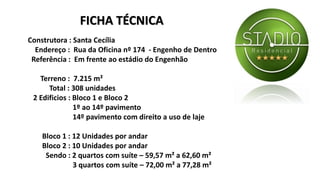Construtora : Santa Cecília
Endereço : Rua da Oficina nº 174 - Engenho de Dentro
Referência : Em frente ao estádio do Engenhão
Terreno : 7.215 m²
Total : 308 unidades
2 Edificios : Bloco 1 e Bloco 2
1º ao 14º pavimento
14º pavimento com direito a uso de laje
Bloco 1 : 12 Unidades por andar
Bloco 2 : 10 Unidades por andar
Sendo : 2 quartos com suíte – 59,57 m² a 62,60 m²
3 quartos com suíte – 72,00 m² a 77,28 m²
FICHA TÉCNICA
 